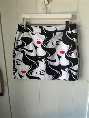 Loudmouth Black & White Mini Skirt with Red Lip Print